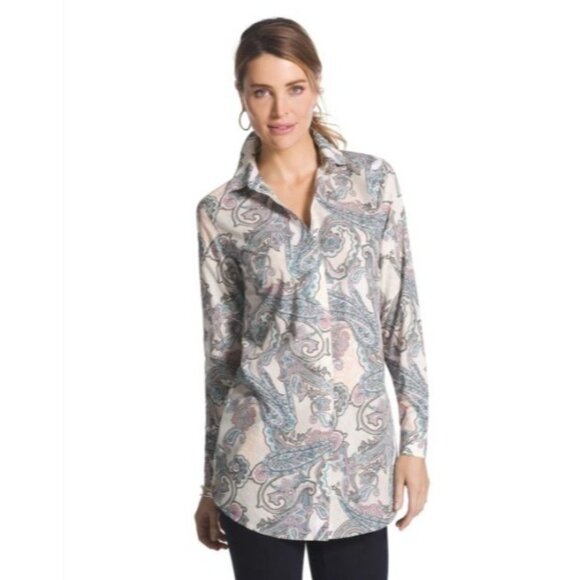 Chicos 2 No-Iron Paisley Button-Down Shirt Size large Womens tunic blouse - Picture 1 of 15